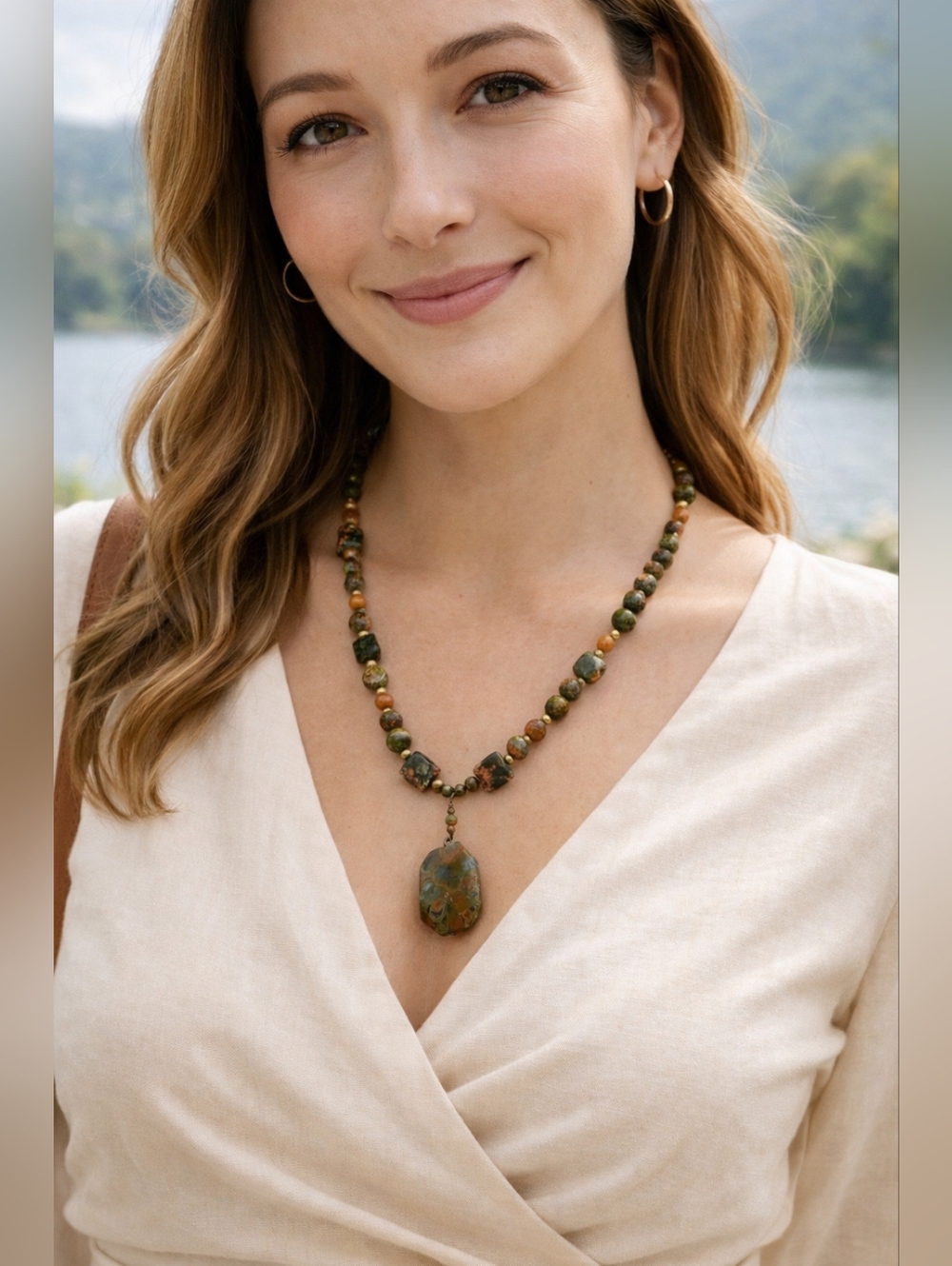 Unakite‎ Jasper Statement Necklace Earth Tone Beaded Pendant Boho Artisan Toggle